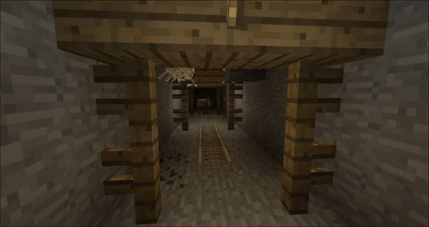 A first person view of a mineshaft from minecraft